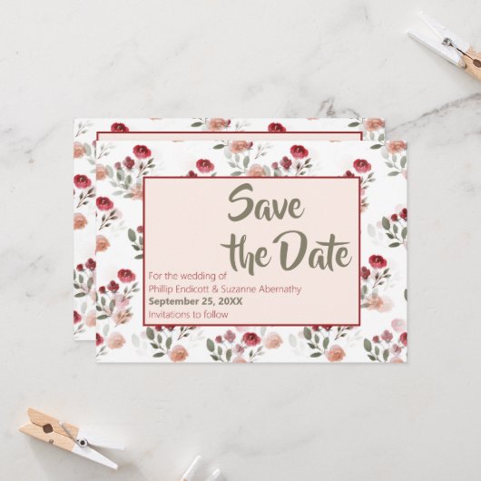 Burgundy Blush Sage Rozen Pattern Save the Date Kaart (Voorkant / Achterkant in situ)