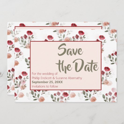 Burgundy Blush Sage Rozen Pattern Save the Date Kaart (Voorkant / Achterkant)