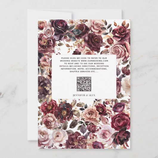 Burgundy Blush Script Bloem QR Code Bruiloft Kaart (Achterkant)