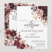 Burgundy Blush Script Floral QR Code Wedding Kaart (Voorkant / Achterkant)