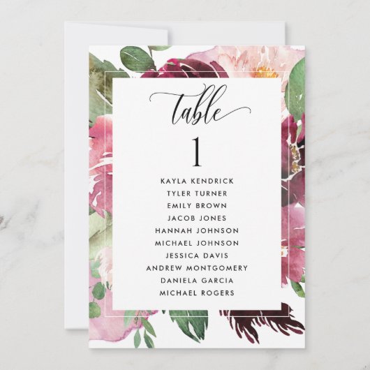 Burgundy Blush Seating Plan-kaarten met gastnamen (Achterkant)