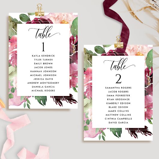 Burgundy Blush Seating Plan-kaarten met gastnamen
