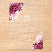 Burgundy Blush Silver Floral Wedding Save the Date Acryl Uitnodigingen (Voorkant)