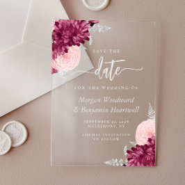 Burgundy Blush Silver Floral Wedding Save the Date Acryl Uitnodigingen