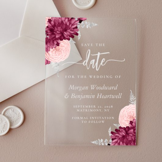 Burgundy Blush Silver Floral Wedding Save the Date Acryl Uitnodigingen