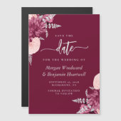 Burgundy Blush Silver Floral Wedding Save the Date Magnetische Uitnodiging (Voorkant / Achterkant)