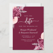 Burgundy Blush Silver Floral Wedding Save the Date Magnetische Uitnodiging (Voorkant)