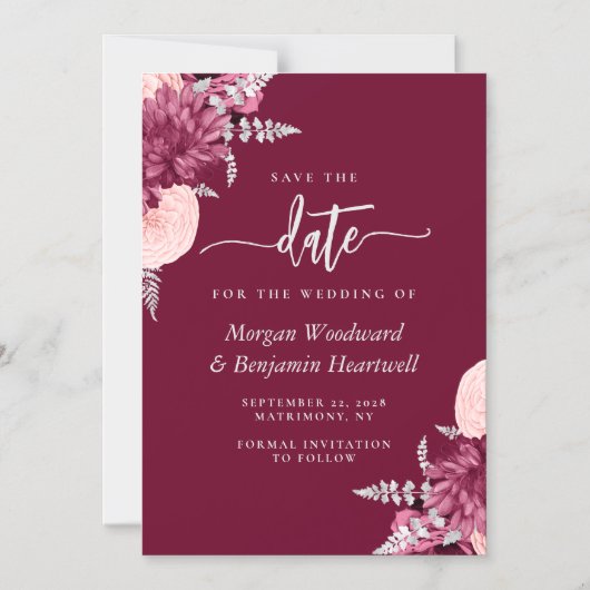 Burgundy Blush Silver Floral Wedding Save the Date Magnetische Uitnodiging (Voorkant)