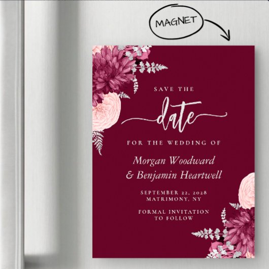 Burgundy Blush Silver Floral Wedding Save the Date Magnetische Uitnodiging