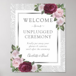 Burgundy Blush Silver Unplugged Wedding Sign Poster