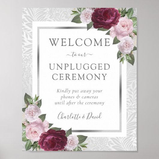 Burgundy Blush Silver Unplugged Wedding Sign Poster (Voorkant)