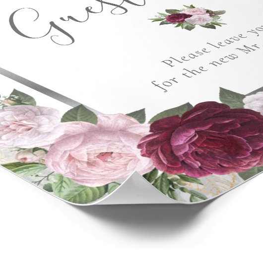 Burgundy Blush Silver Wedding Guest Book Sign Poster (Hoek)