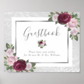 Burgundy Blush Silver Wedding Guest Book Sign Poster (Voorkant)