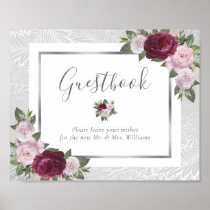 Burgundy Blush Silver Wedding Guest Book Sign Poster