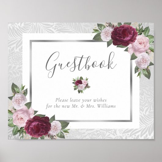 Burgundy Blush Silver Wedding Guest Book Sign Poster (Voorkant)