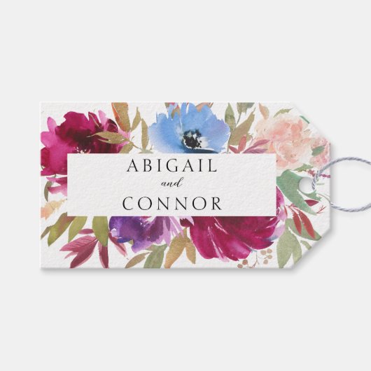 Burgundy Blush Stofblauw Elegante Bloem Cadeaulabel (Voorkant (Horizontaal))