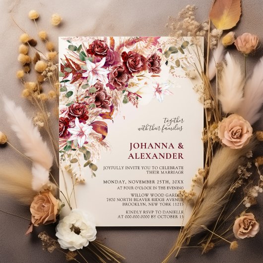 Burgundy Blush Terracotta Boho Floral Wedding Kaart