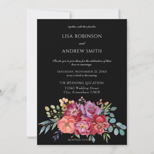 Burgundy Blush Tropical Floral Wedding - Black V2 Kaart (Voorkant)