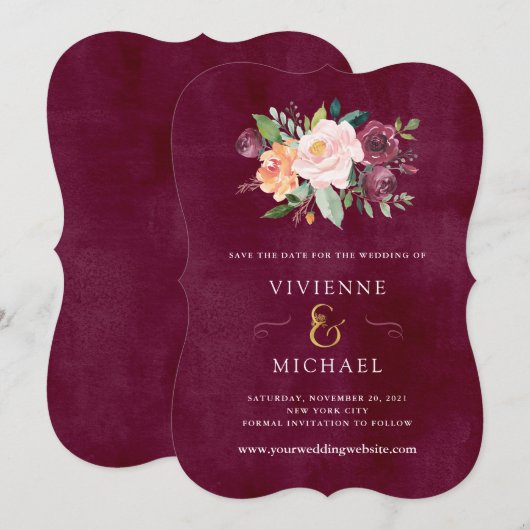 Burgundy Blush | Trouwkaart Bloemen Save The Date (Voorkant / Achterkant)