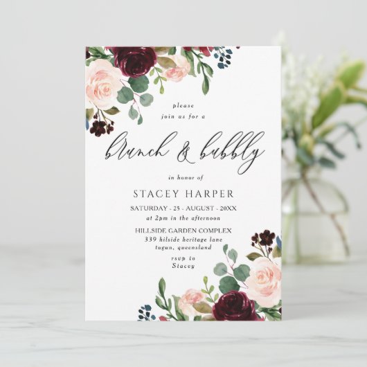 Burgundy & Blush Vrijgezellenfeest Brunch & Bubble Kaart (Staand voorkant)