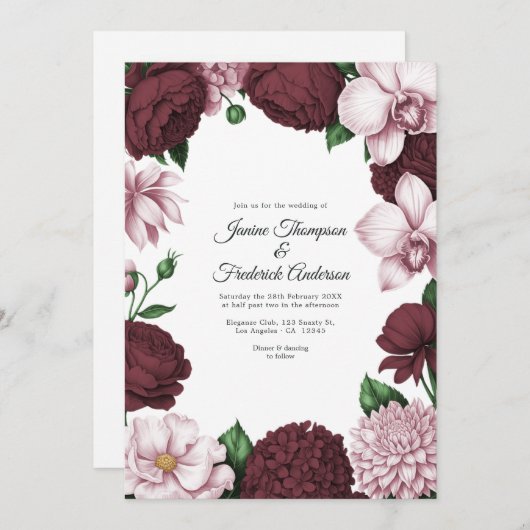 Burgundy & Blush Watercolor Floral Wedding Kaart (Voorkant / Achterkant)