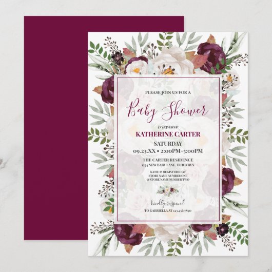Burgundy Blush Waterverf Baby shower Kaart (Voorkant / Achterkant)