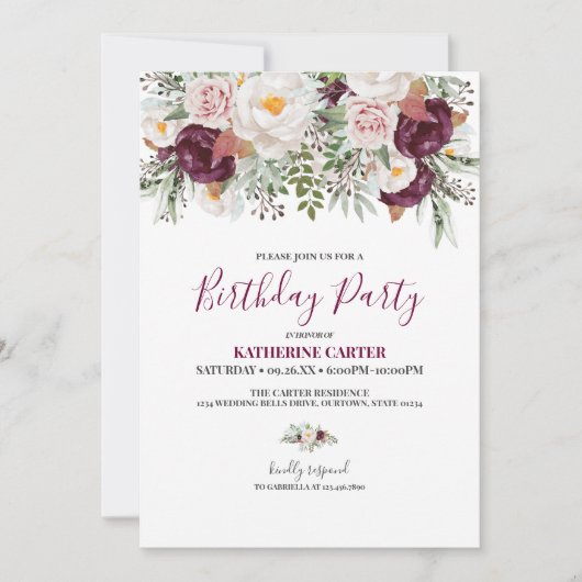 Burgundy Blush Waterverf Birthday Party Kaart (Voorkant)