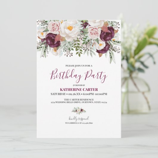Burgundy Blush Waterverf Birthday Party Kaart (Staand voorkant)