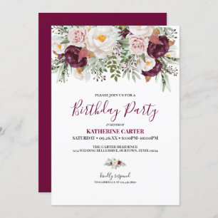 Burgundy Blush Waterverf Birthday Party Kaart