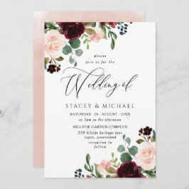 Burgundy & Blush Waterverf Elegant Spring Wedding Kaart