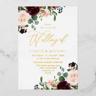 Burgundy & Blush Waterverf Elegant Wedding Gold Folie Uitnodiging
