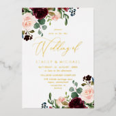 Burgundy & Blush Waterverf Elegant Wedding Gold Folie Uitnodiging (Voorkant)