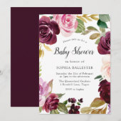 Burgundy Blush Waterverf Floral Baby shower Kaart (Voorkant / Achterkant)