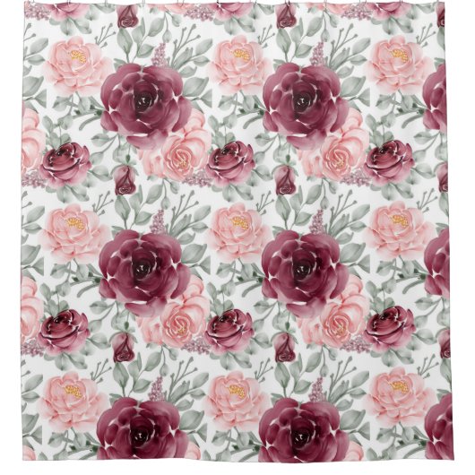 Burgundy blush waterverf floral douchegordijn (Voorkant)