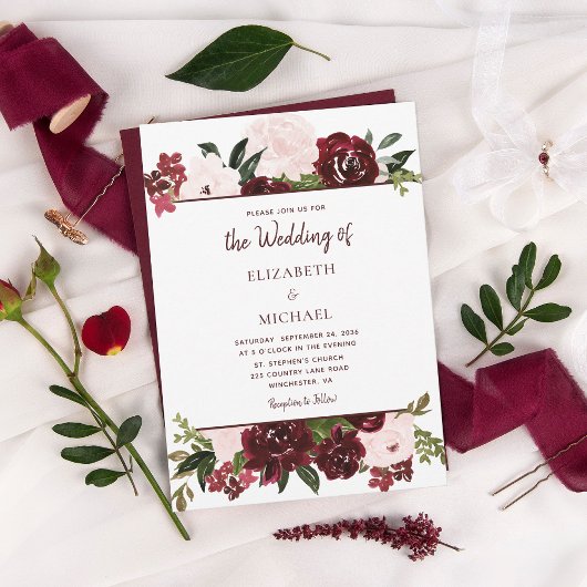 Burgundy Blush Waterverf Floral Fall Wedding Kaart