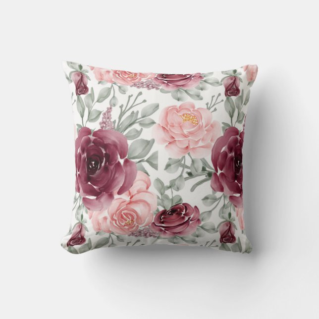 Burgundy blush waterverf floral kussen (Voorkant)