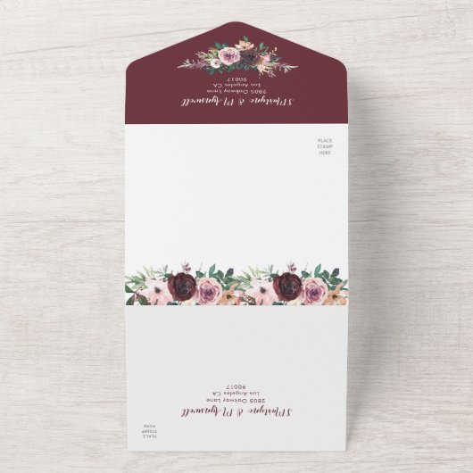 Burgundy Blush Waterverf Floral Wedding All In One Uitnodiging (Buitenkant)