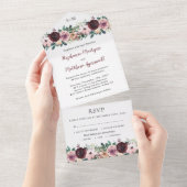 Burgundy Blush Waterverf Floral Wedding All In One Uitnodiging (Afscheurbaar)