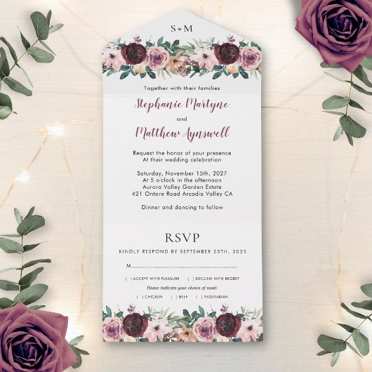 Burgundy Blush Waterverf Floral Wedding All In One Uitnodiging
