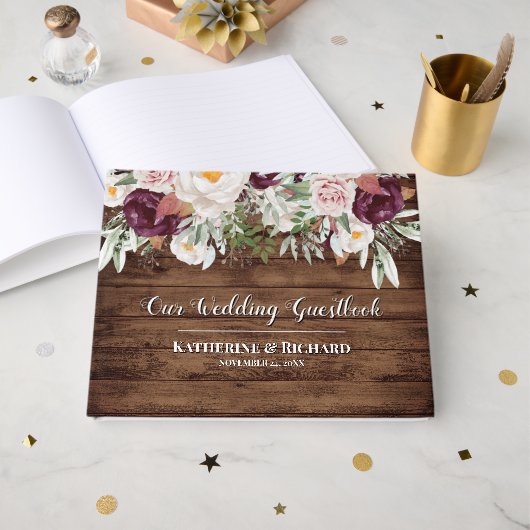 Burgundy Blush Waterverf Floral Wedding Gastenboek (Voorkant open)