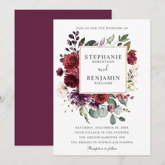 Burgundy Blush Waterverf Floral Wedding Kaart (Voorkant / Achterkant)