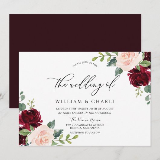 Burgundy Blush Waterverf Floral Wedding Kaart (Voorkant / Achterkant)