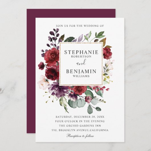Burgundy Blush Waterverf Floral Wedding Kaart (Voorkant / Achterkant)