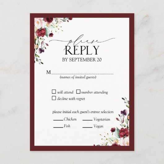 Burgundy Blush Waterverf Floral Wedding RSVP Uitnodiging Briefkaart (Voorkant)