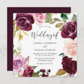 Burgundy Blush Waterverf Floral Wreath Wedding Kaart (Voorkant / Achterkant)
