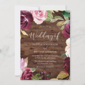 Burgundy Blush Waterverf Flowers Rustic Wedding Kaart (Voorkant)