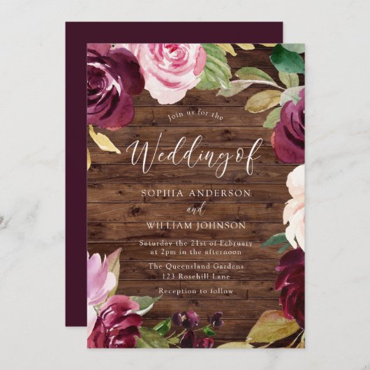 Burgundy Blush Waterverf Flowers Rustic Wedding Kaart (Voorkant / Achterkant)