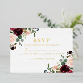 Burgundy & Blush Waterverf Trouw Goud RSVP Folie Uitnodiging (Staand Voorkant)