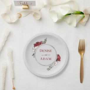 Burgundy Blush & White Roses Silver Foil Papieren Bordje