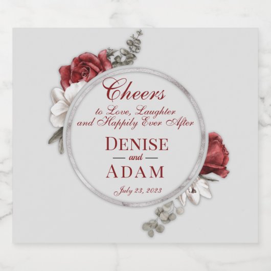 Burgundy Blush & White Roses Silver Foil Sparkling Wijnetiket (Enkel label)